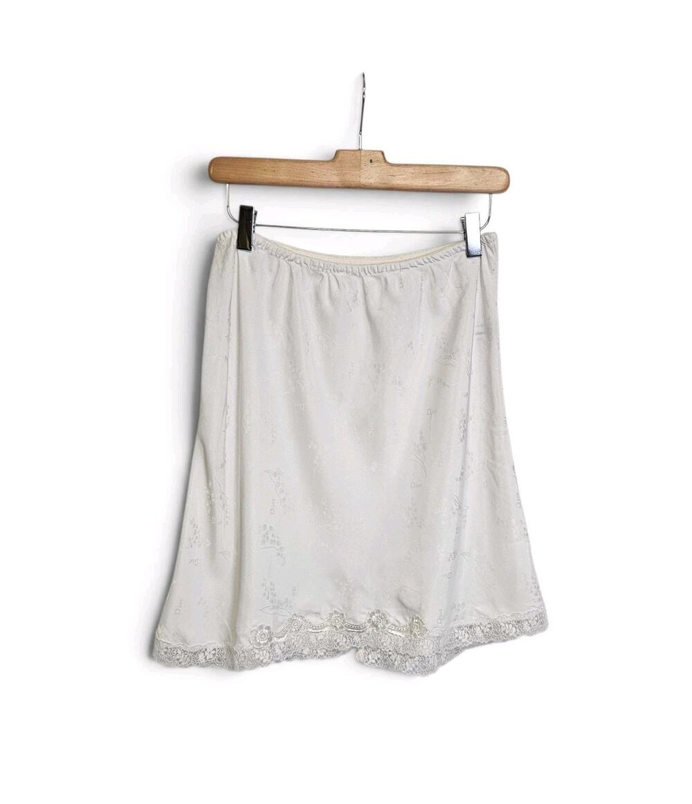 Vintage Christian Dior White Satin Monogram Lace Trim Half Slip Skirt Size Large
